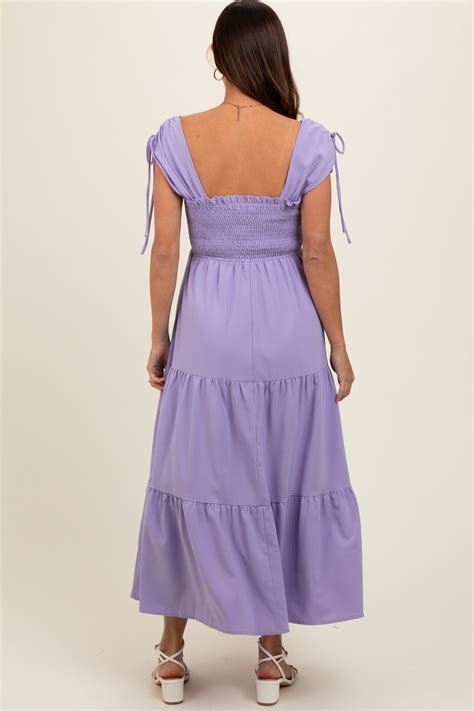 Lavender Smocked Sleeveless Drawstring Shoulder Tiered Maternity Midi