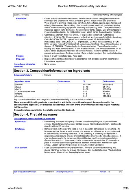 Solution Gasoline Msds Material Safety Data Sheet Studypool