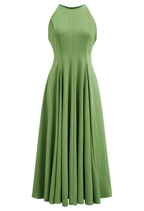 Refined Halter Neck Panelled Midi Dress In Green Retro Indie And