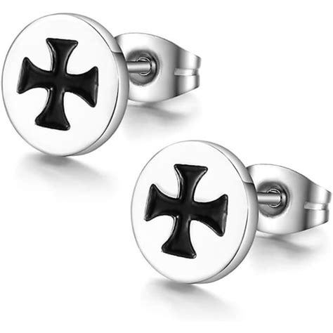 Boucles D Oreilles Clou Croix De Malte Noire Mixte Acier Inoxydable