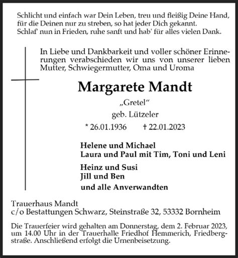 Traueranzeigen Von Margarete Mandt WirTrauern