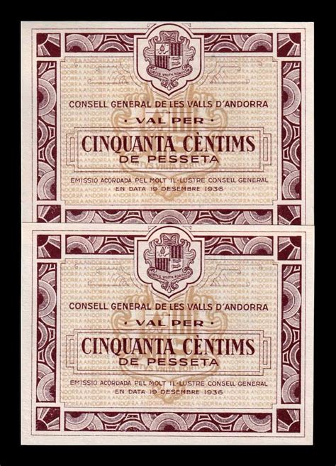 Andorra Pareja 50 Céntimos de Peseta 1936 Pick 5 Sc Unc NUMISMÁTICA