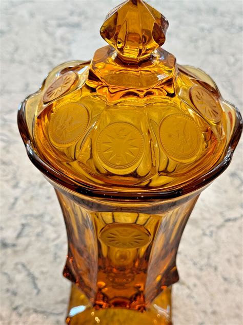 S Vintage Fostoria Amber Coin Glass Lidded Urn Vase Eagle Torch