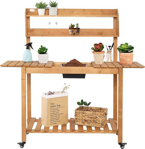 Sunnyeq Outdoor Potting Bench Table With Wheels Garden Potters Work Bench Station Patio