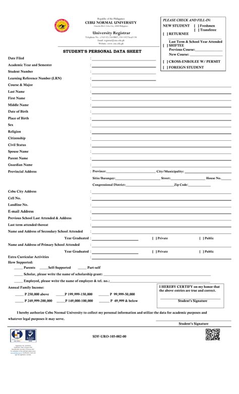 student personal data sheet cebu normal university