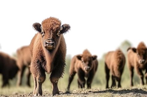 Premium AI Image | Bison baby with the herd Buffalo calf with adults