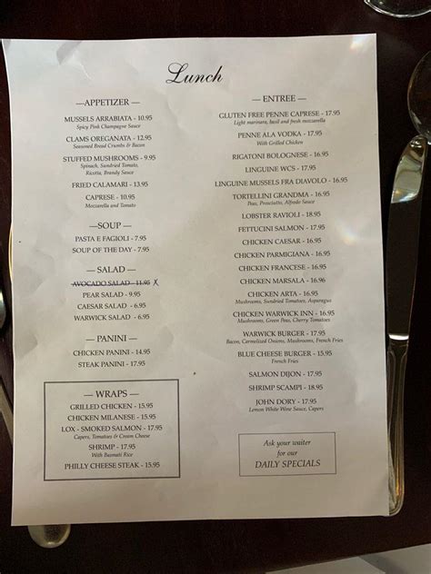 Menu at The Warwick Inn restaurant, Warwick