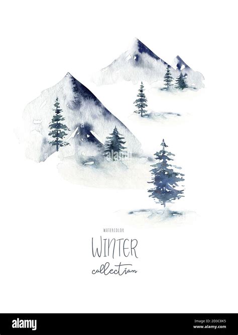 Watercolor Winter Forest Christmas Tree Landscape With Pine Trees Fir