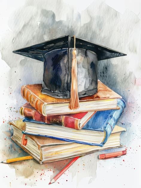 Premium Photo A Watercolor Painting Of A Graduation Cap And Books