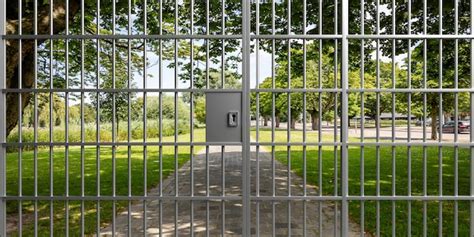 Premium Photo | Garden park behind a metal locked gate 3d illustration