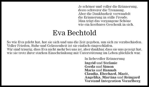 Todesanzeigen Von Eva Bechtold Todesanzeigen Vorarlberger Nachrichten