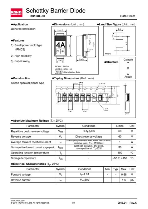 RB168L 60 Rohm Diode Hoja de datos Ficha técnica Distribuidor