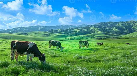 cows  livestock grazing   green pasture field clean healthy meat