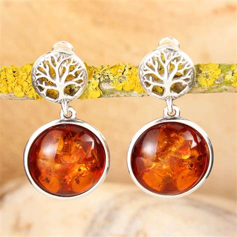 Sterling Silver Cognac Baltic Amber Tree Of Life Drop Earrings