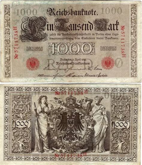 BANKNOTE REICHSBANKNOTE 1000 Mark 1910 Berlin Reichsbank DEU 40c Ro 45