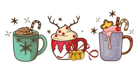 Christmas Hot Beverages Of Coffee Chocolate And Eggnog Drinks In Mugs And Cups