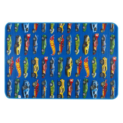 Tapete Infantil Retangular Recreio Hot Wheels Fibra Sintética Azul Interno e Externo x m