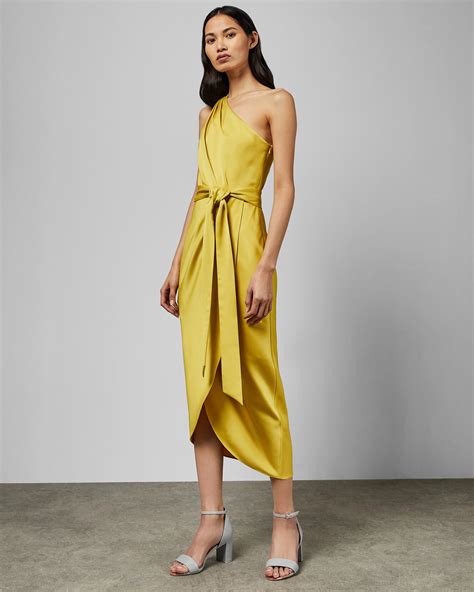 Ted Baker Synthetic One Shoulder Drape Midi Dress In Mid Yellow Yellow