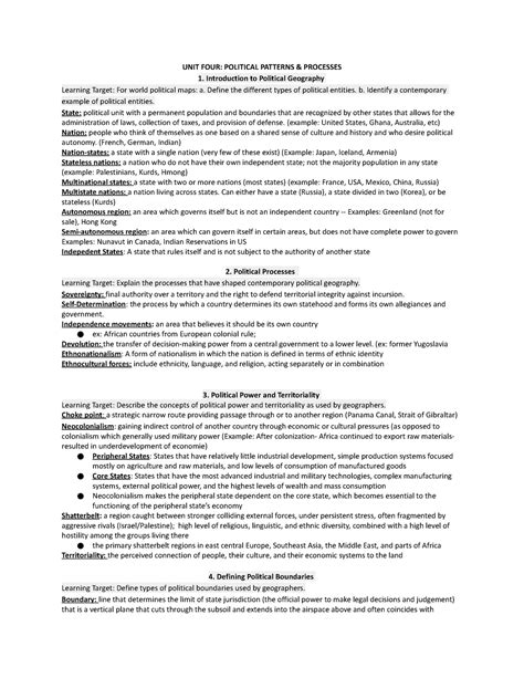 APHUG Unit 4 Study Guide UNIT FOUR POLITICAL PATTERNS PROCESSES