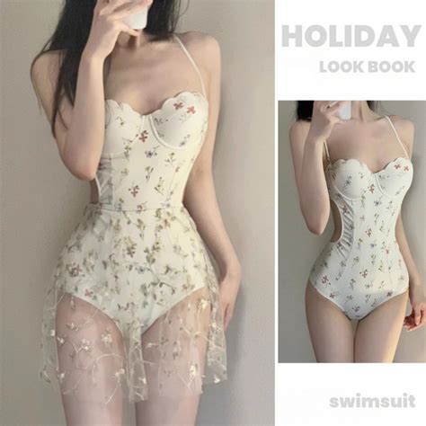One Piece Swimsuit Korean Style Sexy Vintage Floral Pattern Perfect For Swimming Travel And Hot