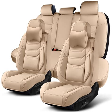 TIEHESYT Beige Car Seat Covers Full Set Breathable Leather Automotive