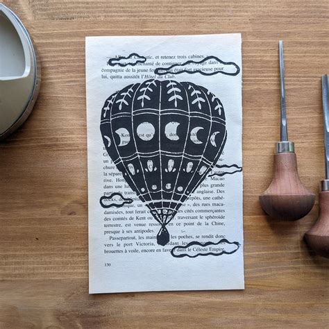 Linocut Hot Air Balloon On Book Page Handmade Etsy