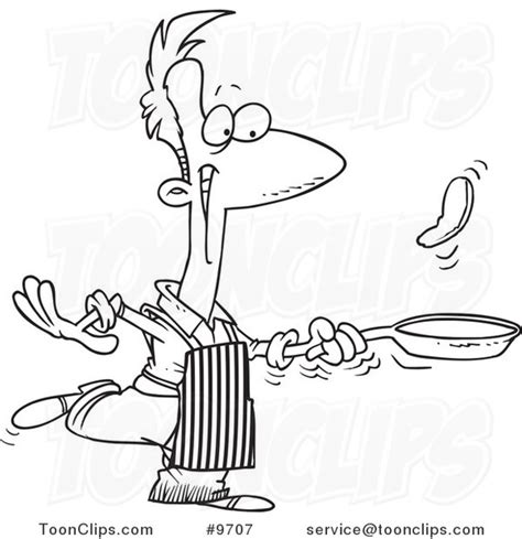 Cartoon Black And White Line Drawing Of A Guy Flipping Pancakes 9707