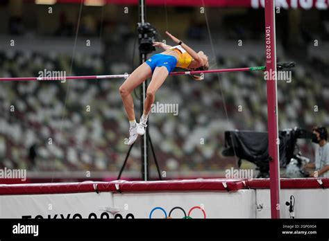 Yaroslava Mahuchikh participating in the high jump at the Tokyo 2020