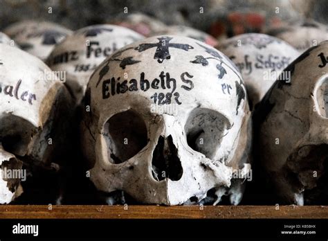 Skulls Painted With Names Colorful Flowers And Crosses In The Charnel