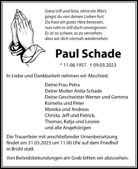 Traueranzeigen Von Paul Schade Trauerportal Ihrer Tageszeitung