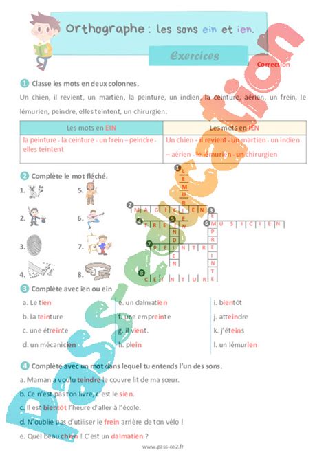 Les sons ein et ien Exercices d orthographe pour le ce2 PDF à imprimer