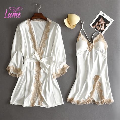 Plus Size M Xxl Women Pajamas Sexy Lingerie Set Bath Robe Set Silk Satin Sleepwear Set Nightgown