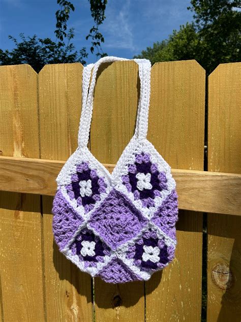 Purple Crochet Tote Bag Granny Square Tote Bag Cute Etsy