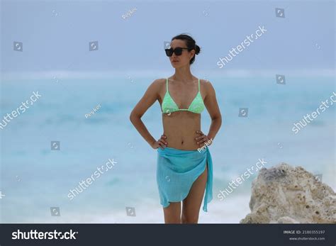 Beautiful Brunette Girl Green Bikini On Stock Photo 2180355197