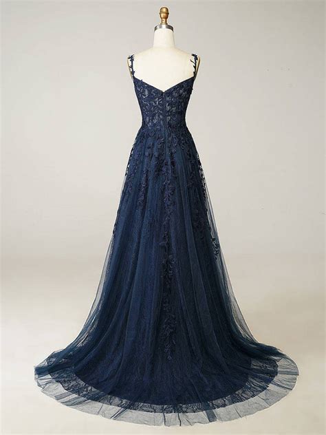 A Line Sweetheart Neck Tulle Lace Dark Blue Long Prom Dress Dark Blue Toptby