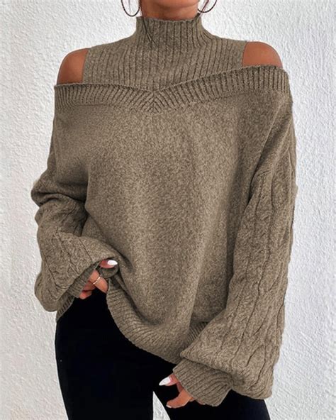 Cable Knit Lantern Sleeve Cold Shoulder Sweater