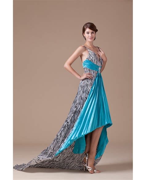 Printed A Line V Neck Asymmetrical Satin Prom Dress Op4530 155 6