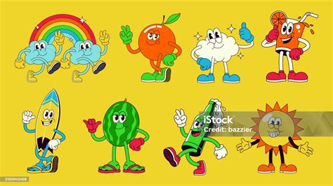 Cheerfull Summer Cartoon Character Set Collection Stock Illustration