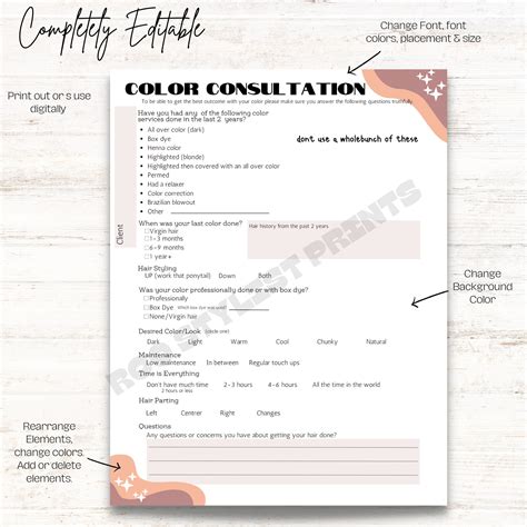 Color Consultation Form for Hairstylists, Salon Forms, Digital Download