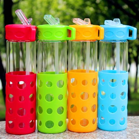 Borosilicate Glass Drinking Straw Water Bottle With Flip Lid And