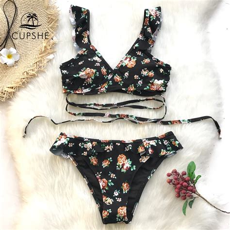 Cupshe Floral Print Ruffle Bikini Sets Women Sexy Cross Thong Two