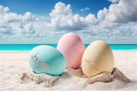 Premium Photo | Easter eggs on sand beach with sea and blue sky Easter ...