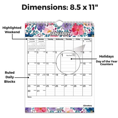 Cranbury Vertical 2022 Wall Calendar Floral 85x11 Use To December