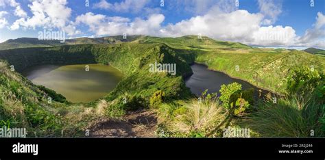 Panorama from Miradouro over Caldeira Negra e Lagoa Comprida, two lakes ...