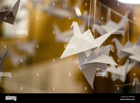 Japanese Folded Origami Cranes Hanging On With Strings Hundreds