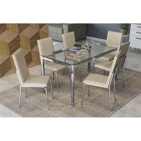 Conjunto Mesa de Cozinha Reno c Tampo de Vidro 150cm 6 Cadeiras Amsterdã Cromada Nude