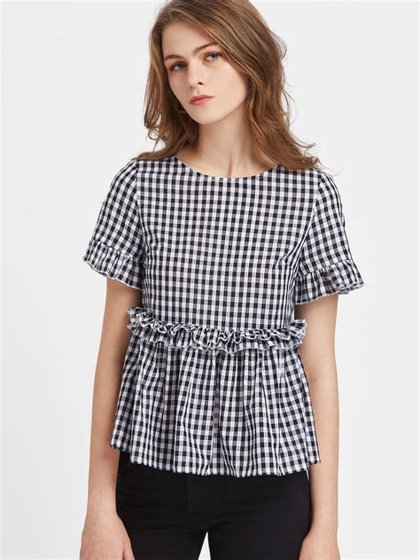 Shein Ruffle Detail Button Back Gingham Peplum Top Blouses For Women