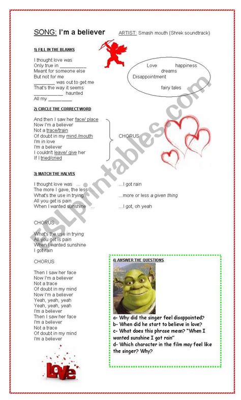 I´m a believer - (Shrek Soundtrack) - ESL worksheet by natipnz