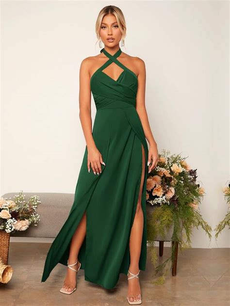 Shein Belle Criss Cross Tie Backless Wrap Hem Halter Bridesmaid Dress