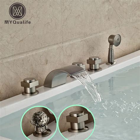 Modern Deck Mount 5pcs Widespread Bathtub Shower Faucet Three Handles